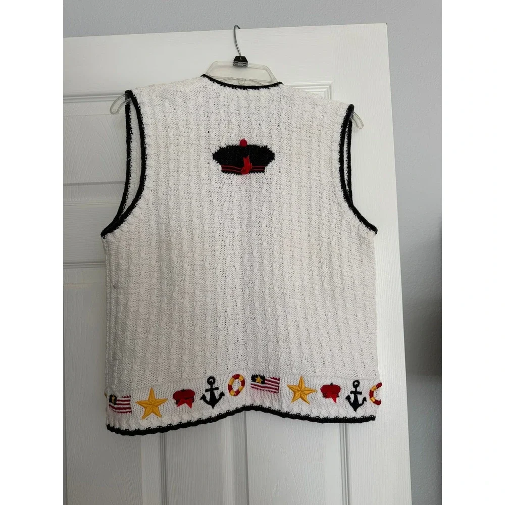 Marisa Christina Petite Nautical Hand Knit Sweater‎ Vest White Ramie Cotton Vtg